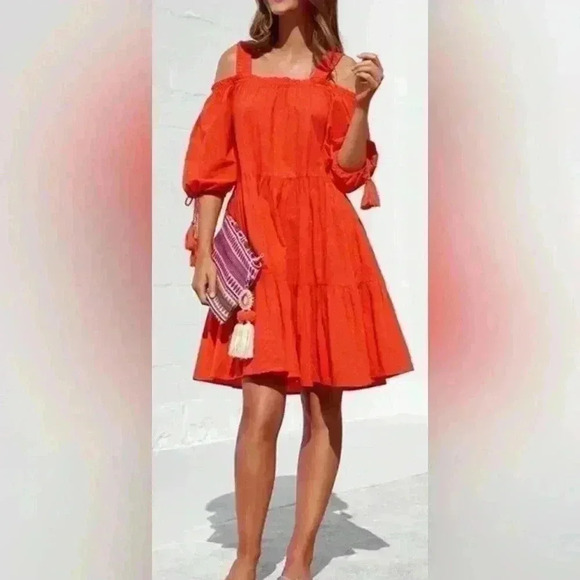 Tiered Womens Dress M Orange Off-Shoulder Mini Cotton Boho Tassel - Picture 1 of 12